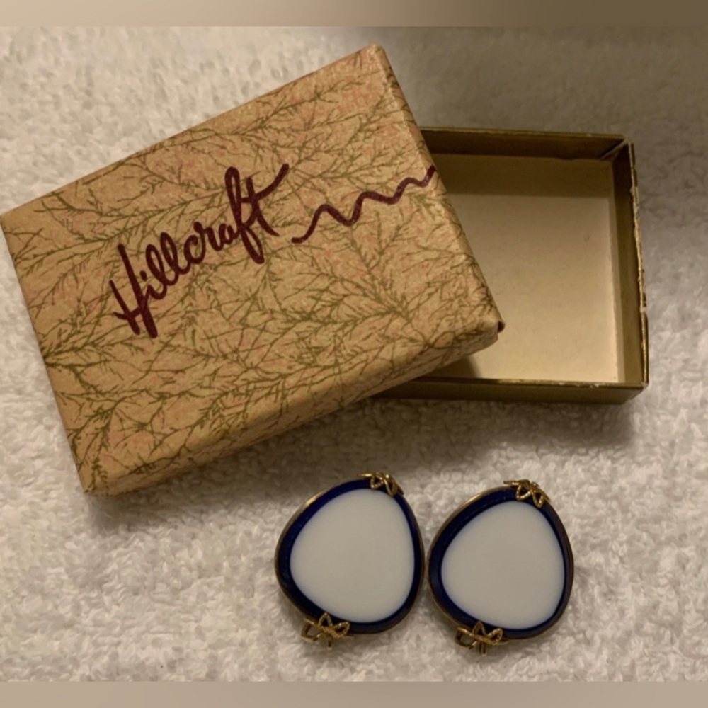 #J960 - VTG HILLCRAFT Cobalt Blue & White Earrings w/14kt Gold Filled CLIP-ON
